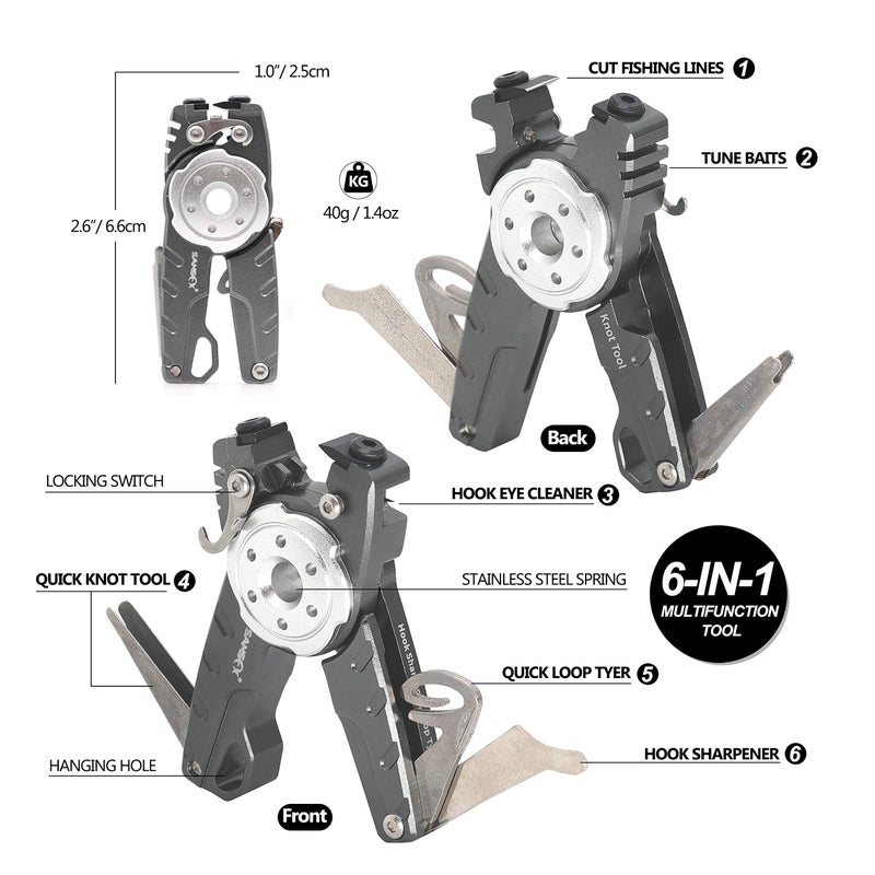 SAMSFX Fishing Tungsten Line Cutter with Zinger Retractors, Fishing Pliers, Knot Tying Tool, Hook Eye Cleaner, Hook Sharpener, Tune Baits & Loop Tyer Tool (Gray Line Cutter with Retractor) - Image 2